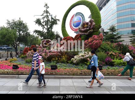 (181017) -- PEKING, 17. Oktober 2018 -- Menschen gehen an einem Parterre vorbei, um den Gipfel des Forums für Zusammenarbeit zwischen China und Afrika (FOCAC) in Peking, Hauptstadt Chinas, 2018, am 28. August 2018 zu begrüßen.) Xinhua-Schlagzeilen: Ein Jahr später geht China unter Xi LuoxXiaoguang PUBLICATIONxNOTxINxCHN in eine neue Ära Stockfoto