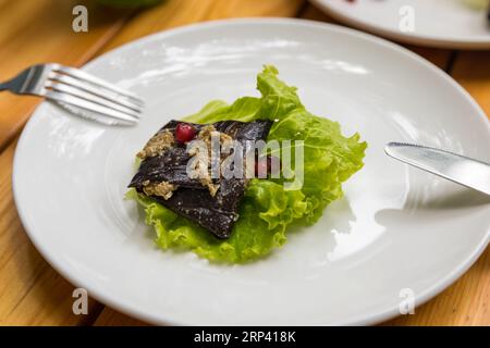 Auberginen-Roulade gefüllt mit Walnüssen und Granatapfelfrüchten mit Knoblauch und georgianischen Gewürzen, serviert auf Salat. Stockfoto