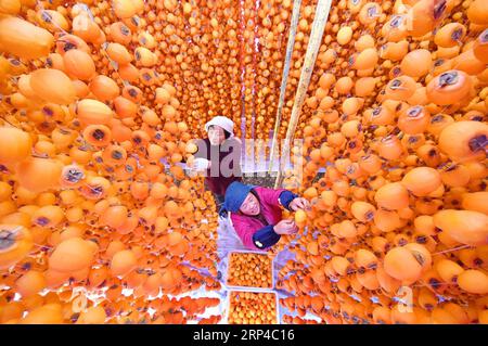 (181104) -- PEKING, 4. Nov. 2018 -- Dorfbewohner trocknen Persimmons in Yuezhuang Stadt im Kreis Yiyuan, ostchinesische Provinz Shandong, 1. Nov. 2018. ) XINHUA FOTO WÖCHENTLICHE AUSWAHL ZhaoxDongshan PUBLICATIONxNOTxINxCHN Stockfoto