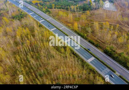 (181104) -- PEKING, 4. November 2018 -- Luftaufnahme vom 3. November 2018 zeigt die Herbstlandschaft in der Stadt Sanshigang in Hefei, der Hauptstadt der ostchinesischen Provinz Anhui. ) (wyo) CHINA-ANHUI-HERBSTANSICHTEN (CN) WangxWen PUBLICATIONxNOTxINxCHN Stockfoto