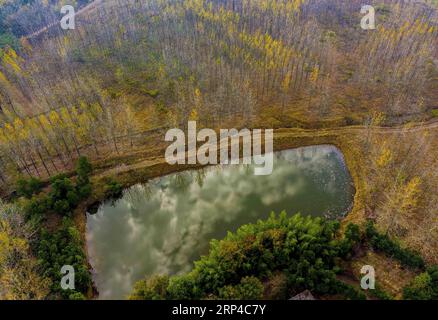 (181104) -- PEKING, 4. November 2018 -- Luftaufnahme vom 3. November 2018 zeigt die Herbstlandschaft in der Stadt Sanshigang in Hefei, der Hauptstadt der ostchinesischen Provinz Anhui. ) (wyo) CHINA-ANHUI-HERBSTANSICHTEN (CN) WangxWen PUBLICATIONxNOTxINxCHN Stockfoto