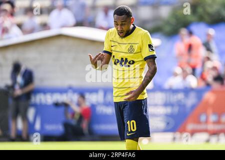 Brüssel, Belgien. September 2023. Loic Lapoussin reagiert am Sonntag, den 03. September 2023 in Brüssel, auf ein Fußballspiel zwischen Royale Union Saint-Gilloise und Royal Antwerp FC, am 06. Tag der Saison 2023-2024 der „Jupiler Pro League“, der ersten Liga der belgischen Meisterschaft. BELGA PHOTO LAURIE DIEFFEMBACQ Credit: Belga News Agency/Alamy Live News Stockfoto