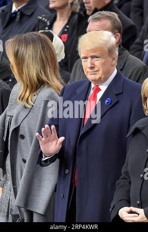 (181111) -- PARIS, 11. November 2018 -- US-Präsident Donald Trump (R, Front) nimmt an einer Zeremonie zum hundertsten Jahrestag des Waffenstillstands des Ersten Weltkriegs in Paris, Frankreich, 11. November 2018 Teil. ) FRANKREICH-PARIS-WWI-GEDENKEN ChenxYichen PUBLICATIONxNOTxINxCHN Stockfoto