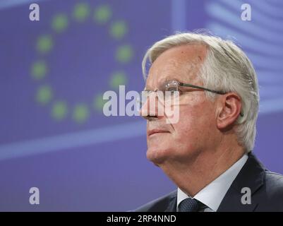 (181114) -- BRÜSSEL, 14. November 2018 -- der Chefunterhändler der Europäischen Union, Michel Barnier, nimmt am 14. November 2018 an einem Pressebriefing im Hauptquartier der Europäischen Kommission in Brüssel, Belgien, Teil. Die Europäische Union (EU) und Großbritannien haben entscheidende Schritte unternommen, um die Brexit-Verhandlungen zu beenden, sagte Michel Barnier am Mittwoch und sendete ein klares Signal für einen bevorstehenden Sondergipfel im Laufe dieses Monats. ) BELGIEN-BRÜSSEL-EU-BREXIT-MICHEL BARNIER-PRESS BRIEFING YEXPINGFAN PUBLICATIONXNOTXINXCHN Stockfoto