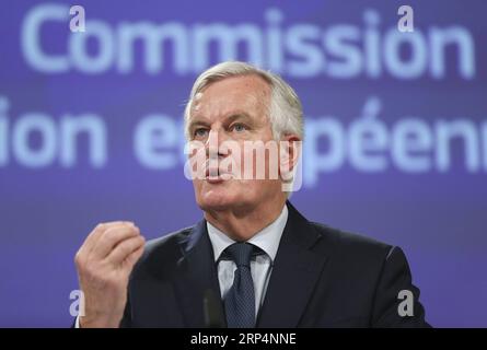 (181114) -- BRÜSSEL, 14. November 2018 -- Michel Barnier, Chefunterhändler des Brexit der Europäischen Union, spricht am 14. November 2018 während eines Pressebriefings am Hauptsitz der Europäischen Kommission in Brüssel, Belgien. Die Europäische Union (EU) und Großbritannien haben entscheidende Schritte unternommen, um die Brexit-Verhandlungen zu beenden, sagte Michel Barnier am Mittwoch und sendete ein klares Signal für einen bevorstehenden Sondergipfel im Laufe dieses Monats. ) BELGIEN-BRÜSSEL-EU-BREXIT-MICHEL BARNIER-PRESS BRIEFING YEXPINGFAN PUBLICATIONXNOTXINXCHN Stockfoto