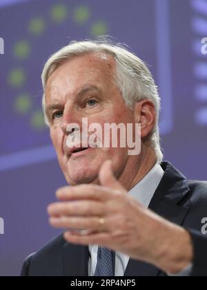 (181114) -- BRÜSSEL, 14. November 2018 -- Michel Barnier, Chefunterhändler des Brexit der Europäischen Union, spricht am 14. November 2018 während eines Pressebriefings am Hauptsitz der Europäischen Kommission in Brüssel, Belgien. Die Europäische Union (EU) und Großbritannien haben entscheidende Schritte unternommen, um die Brexit-Verhandlungen zu beenden, sagte Michel Barnier am Mittwoch und sendete ein klares Signal für einen bevorstehenden Sondergipfel im Laufe dieses Monats. ) BELGIEN-BRÜSSEL-EU-BREXIT-MICHEL BARNIER-PRESS BRIEFING YEXPINGFAN PUBLICATIONXNOTXINXCHN Stockfoto