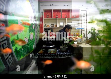 (181115) -- HEFEI, 15. November 2018 -- Wang Jian, ein Zugführer und repräsentativer Erbe des provinziellen immateriellen kulturellen Erbes Luzhou EIERSCHNITZEREI, arbeitet in seinem Atelier in Hefei, ostchinesische Provinz Anhui, 14. November 2018. Wang praktiziert seit 24 Jahren Eierschnitzerei. Zusätzlich zu den Werken, die die traditionelle chinesische Kultur widerspiegeln, schuf er über 30 Werke der Eierschnitzerei nach Lokomotivmuster, um die Veränderungen der Züge in China im Laufe der Jahre zu zeigen. ) (Gxn) CHINA-ANHUI-HEFEI-EI-CARVING (CN) LiuxJunxi PUBLICATIONxNOTxINxCHN Stockfoto