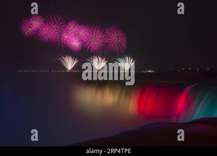 (181118) -- TORONTO, 18. November 2018 -- das Team Finland zeigt sein Feuerwerk über den Niagarafällen während des Internationalen Feuerwerkskasaden-Wettbewerbs 2018 in Niagarafällen, Ontario, Kanada, 16. November 2018. Mit Präsentationen von Team China, Finnland und Brasilien präsentierte der erste internationale Feuerwerkskaskaden-Wettbewerb drei Wochenendabende im November, um 18-minütige pyrotechnische Shows zu präsentieren, die mit Musik synchronisiert waren. ) (lrz) CANADA-ONTARIO-NIAGARA FALLS-FIREWORKS ZouxZheng PUBLICATIONxNOTxINxCHN Stockfoto