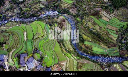 (181120) -- NINGQIANG, 20. Nov. 2018 -- Luftaufnahme vom 19. Nov. 2018 zeigt die Landschaft von Terrassenfeldern im Dorf Shibazi im Ningqiang County, Provinz Shaanxi im Nordwesten Chinas, 19. Nov. 2018. ) (Ry) CHINA-SHAANXI-NINGQIANG-RURAL SCENERY (CN) TaoxMing PUBLICATIONxNOTxINxCHN Stockfoto