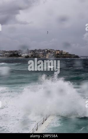 (181128) -- SYDNEY, 28. November 2018 -- Foto aufgenommen am 28. November 2018 zeigt den Bondi Beach in Sydney, Australien. Am Mittwoch kam es zu starken Winden und starkem Regen. (yy) AUSTRALIEN-SYDNEY-WETTER-STURM BaixXuefei PUBLICATIONxNOTxINxCHN Stockfoto