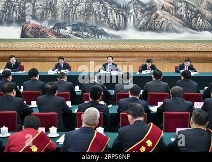 (181130) -- PEKING, 30. November 2018 -- der chinesische Vize-Ministerpräsident Han Zheng, ebenfalls Mitglied des Ständigen Ausschusses des Politischen Büros des Zentralkomitees der Kommunistischen Partei Chinas, spricht bei einem Treffen zur Auszeichnung von Einzelpersonen und Organisationen, die herausragende Beiträge zum Three-North Shelterbelt Forest Program in Peking, Hauptstadt Chinas, am 30. November 2018 geleistet haben. ) (ZYD) CHINA-BEIJING-HAN ZHENG3-NORTH SHELTERBELT FOREST PROGRAM (CN) YINXBOGU PUBLICATIONXNOTXINXCHN Stockfoto