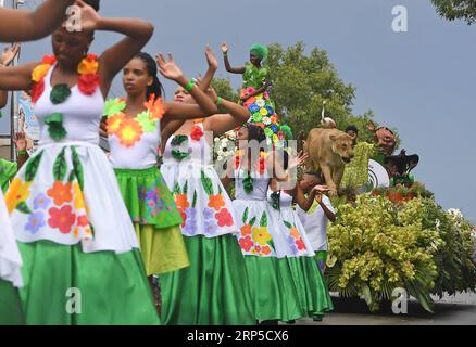 (181209) -- FREE STATE, 9. Dezember 2018 (Xinhua) -- Eine Flottenparade findet am 8. Dezember 2018 in der Freistaat-Provinz Südafrika statt. Am Samstag fand hier das jährliche Free State Flower Festival statt, bei dem mit mehr als 200.000 Blumen geschmückte Flotten mit Tänzern entlang der Straße zogen und viele Besucher anlockten. (Xinhua/Chen Cheng) SÜDAFRIKA-FREIES STAATLICHES BLUMENFESTIVAL PUBLICATIONxNOTxINxCHN Stockfoto