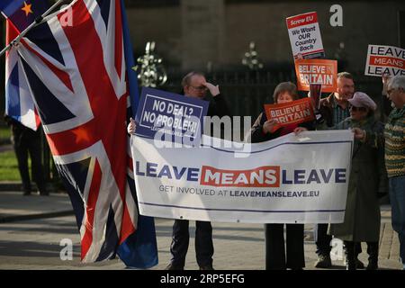 (181211) -- LONDON, 11. Dezember 2018 -- Demonstranten stehen am 11. Dezember 2018 vor dem House of Parliament in London, Großbritannien. Die britische Premierministerin Theresa May startete ihre Mission am Dienstag, um ihren Brexit-Deal mit einer Runde von Treffen mit den EU-Mitgliedern zu retten. ) GROSSBRITANNIEN-LONDON-BREXIT TimxIreland PUBLICATIONxNOTxINxCHN Stockfoto