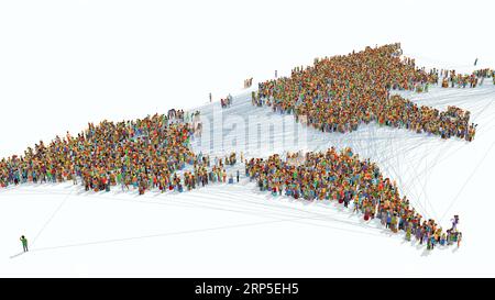 Eine Weltkarte mit Tausenden von Menschen, die miteinander verbunden sind - 3d-Illustration Stockfoto