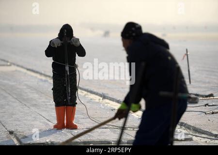 (181212) -- HARBIN, 12. Dezember 2018 -- Arbeiter sammeln Eis vom Songhua-Fluss in Harbin, Hauptstadt der nordöstlichen chinesischen Provinz Heilongjiang, 12. Dezember 2018. Die Arbeiter hier sind organisiert, um Eiswürfel vom gefrorenen Songhua River zu sammeln, um sich auf den Bau der Eis- und Schneelandschaft vor kurzem vorzubereiten. ) (Yxb) CHINA-HEILONGJIANG-HARBIN-ICE COLLECTING (CN) WangxKai PUBLICATIONxNOTxINxCHN Stockfoto