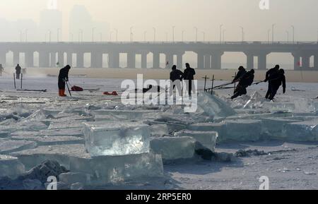 (181212) -- HARBIN, 12. Dezember 2018 -- Arbeiter sammeln Eis vom Songhua-Fluss in Harbin, Hauptstadt der nordöstlichen chinesischen Provinz Heilongjiang, 12. Dezember 2018. Die Arbeiter hier sind organisiert, um Eiswürfel vom gefrorenen Songhua River zu sammeln, um sich auf den Bau der Eis- und Schneelandschaft vor kurzem vorzubereiten. ) (Yxb) CHINA-HEILONGJIANG-HARBIN-ICE COLLECTING (CN) WangxKai PUBLICATIONxNOTxINxCHN Stockfoto