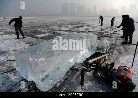 (181212) -- HARBIN, 12. Dezember 2018 -- Arbeiter ziehen Eiswürfel aus dem gefrorenen Songhua-Fluss in Harbin, Hauptstadt der nordöstlichen Provinz Heilongjiang, 12. Dezember 2018. Die Arbeiter hier sind organisiert, um Eiswürfel vom gefrorenen Songhua River zu sammeln, um sich auf den Bau der Eis- und Schneelandschaft vor kurzem vorzubereiten. ) (Yxb) CHINA-HEILONGJIANG-HARBIN-ICE COLLECTING (CN) WangxKai PUBLICATIONxNOTxINxCHN Stockfoto