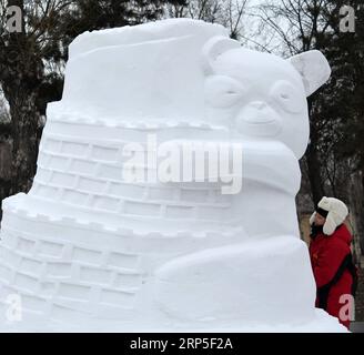 (181212) -- HARBIN, 12. Dezember 2018 -- Ein Teilnehmer schnitzt eine Schneeskulptur während des 6. Undergraduate Snow Sculpture Competition der Provinz Heilongjiang im Sun Island International Snow Sculpture Art Expo Park in Harbin, der Hauptstadt der nordöstlichen Provinz Heilongjiang, 12. Dezember 2018. Der 6. Undergraduate Snow Sculpture Wettbewerb der Provinz Heilongjiang begann am Montag mit 35 Teams, die an dem Spiel teilnahmen. )(ly) CHINA-HARBIN-SNOW SCULPTURE (CN) WangxJianwei PUBLICATIONxNOTxINxCHN Stockfoto