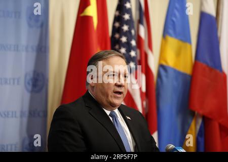 (181212) -- VEREINTEN NATIONEN, 12. Dezember 2018 -- US-Außenminister Mike Pompeo spricht mit Reportern nach einer Sitzung des Sicherheitsrats zur Nichtverbreitung im Hauptquartier der Vereinten Nationen in New York, 12. Dezember 2018. ) UN-USA AUSSENMINISTER MIKE POMPEO-PRESS TRIFFT LIXMUZI PUBLICATIONXNOTXINXCHN Stockfoto