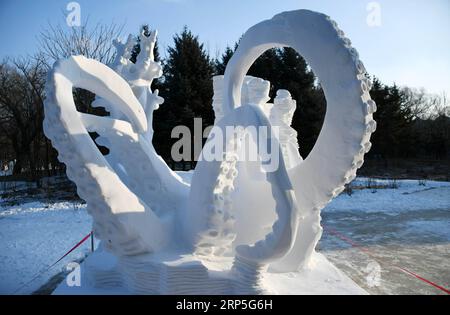 (181214) -- HARBIN, 14. Dezember 2018 -- Eine Schneeskulptur nimmt am 6. Undergraduate Snow Sculpture Competition der Provinz Heilongjiang auf der Sun Island International Snow Sculpture Art Expo in Harbin, der Hauptstadt der Provinz Heilongjiang im Nordosten Chinas, am 13. Dezember 2018 Teil. Der viertägige Wettbewerb endete am Donnerstag mit 35 teilnehmenden Teams. ) (Zyd) CHINA-HEILONGJIANG-HARBIN-SNOW SCULPTURES (CN) WangxJianwei PUBLICATIONxNOTxINxCHN Stockfoto