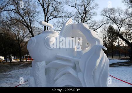 (181214) -- HARBIN, 14. Dezember 2018 -- Eine Schneeskulptur nimmt am 6. Undergraduate Snow Sculpture Competition der Provinz Heilongjiang auf der Sun Island International Snow Sculpture Art Expo in Harbin, der Hauptstadt der Provinz Heilongjiang im Nordosten Chinas, am 13. Dezember 2018 Teil. Der viertägige Wettbewerb endete am Donnerstag mit 35 teilnehmenden Teams. ) (Zyd) CHINA-HEILONGJIANG-HARBIN-SNOW SCULPTURES (CN) WangxJianwei PUBLICATIONxNOTxINxCHN Stockfoto