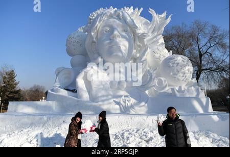 (181214) -- HARBIN, 14. Dezember 2018 -- Touristen posieren für ein Foto vor einer unvollendeten Schneeskulptur vor der 31. Harbin Sun Island International Snow Sculpture Art Exposition in Harbin, Hauptstadt der nordöstlichen Provinz Heilongjiang, 14. Dezember 2018. ) (ly) CHINA-HEILONGJIANG-HARBIN-SNOW SCULPTURES-EXPO (CN) WangxJianwei PUBLICATIONxNOTxINxCHN Stockfoto