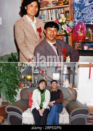 (181214) -- PEKING, 14. Dezember 2018 -- der obere Teil dieses Kombo-Fotos, das im Januar 1985 aufgenommen wurde, zeigt den 27-jährigen Wang Hanming und seine Frau Chen Meilan, die während ihrer Hochzeitszeremonie im Xundian County, Provinz Yunnan im Südwesten Chinas, für ein Foto posieren. Ihr Hochzeitshaus, etwa 30 Quadratmeter groß, war alt und einfach. Der untere Teil des Kombo-Fotos, das am 25. November 2018 aufgenommen wurde, zeigt den 60-jährigen Wang Hanming und seine Frau, die für ein Foto in ihrem neuen Haus im Xundian County posieren. In den letzten 30 Jahren zog Wangs Familie sechsmal um und residiert schließlich im heutigen dreistöckigen Haus. (wyl) Xin Stockfoto