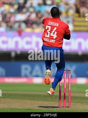 Birmingham 3. September : Cris Jordon of England während der dritten Vitality T20 International England Men vs New Zealand Men in Edgbaston am 2023. September Birmingham England . Quelle: PATRICK ANTHONISZ/Alamy Live News Stockfoto