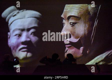 (181215) -- WELLINGTON, 15. Dezember 2018 (Xinhua) -- Besucher warten auf den Eintritt in die Ausstellung Terracotta Warriors: Guardians of Unmortality im National Museum of New Zealand in Wellington, Neuseeland, am 15. Dezember 2018. Die Ausstellung „Terracotta Warriors: Guardians of Unmortality“ wurde am Samstag im National Museum of New Zealand öffentlich zugänglich gemacht. Die Ausstellung zeigt acht 180 cm hohe Krieger, zwei Pferde der berühmten Terrakotta-Armee sowie zwei halbgroße Nachbildungen von Pferdewagen aus Bronze. Außerdem sind mehr als 160 exquisite Werke von anc zu sehen Stockfoto