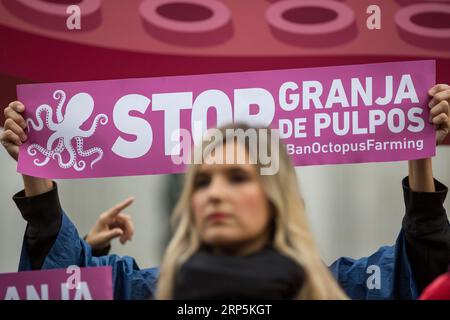 Madrid, Spanien. September 2023. Ein Demonstrant hält ein Banner mit der Aufschrift "Stopp Kraken-Farm" während einer Demonstration vor dem Abgeordnetenkongress in Madrid. Ein Protest gegen den Betrieb der ersten industriellen Kraken-Farm in Las Palmas de Gran Canaria findet im Zentrum Madrids statt. Quelle: SOPA Images Limited/Alamy Live News Stockfoto