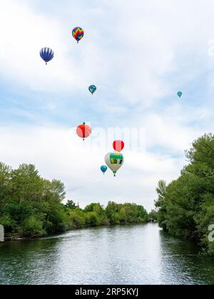 Von Bäumen gesäumter Boise River mit Ballons über dem Wasser Stockfoto