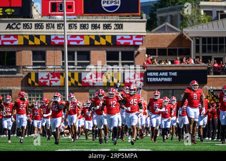 College Park, MD, USA. September 2023. Die Maryland Terrapins laufen auf dem Feld vor dem NCAA-Fußballspiel zwischen den Maryland Terrapins und den Towson Tigers im SECU Stadium im College Park, MD. Reggie Hildred/CSM/Alamy Live News Stockfoto