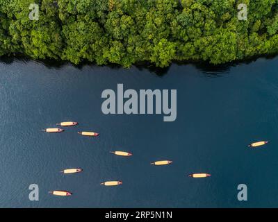 (181219) -- PEKING, 19. Dezember 2018 (Xinhua) -- Sightseeing Boote werden auf dem Abschnitt Xin an Fluss Jiande in der ostchinesischen Provinz Zhejiang, 23. Juli 2018 gesehen. Farben machen unsere Welt hell und schön. Im Jahr 2018 erkundeten Xinhua-Fotografen in ganz China mit Drohnen Ansichten vom Himmel. Hier sind diese Drohnenfotos mit fantastischen Farben. (Xinhua/Xu Yu) CHINA-COLOR-DRONE PHOTOS OF THE YEAR (CN) PUBLICATIONxNOTxINxCHN Stockfoto