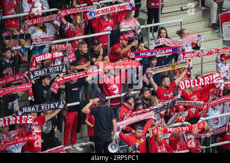 Trinec, Tschechische Republik. September 2023. Trinec-Fans werden während der Champions Hockey League, Runde 2, im Spiel HC Ocelari Trinec gegen EHC Red Bull Munchen (München) am 3. September 2023 in Trinec, Tschechische Republik, gesehen. Quelle: Vladimir Prycek/CTK Photo/Alamy Live News Stockfoto