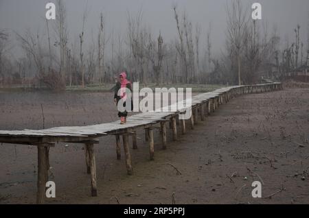 (181221) -- SRINAGAR, 21. Dezember 2018 -- Eine Kaschmir-Frau geht auf einer frostbedeckten Fußgängerbrücke in den Innenräumen des Dal Lake an einem kalten Morgen in Srinagar, der Sommerhauptstadt des von Indien kontrollierten Kaschmirs, 21. Dezember 2018. ) KASCHMIR-SRINAGAR-KALTES WETTER JavedxDar PUBLICATIONxNOTxINxCHN Stockfoto