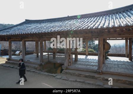 (181221) -- ANDONG, 21. Dezember 2018 -- Ein Tourist besucht den Bongjeongsa-Tempel in Andong von Gyeongsangbuk-do, Südkorea, 21. Dezember 2018. Der Bongjeongsa-Tempel ist der Geuknakjeon, das älteste Beispiel für Holzarchitektur in Südkorea. Am 30. Juni 2018 gab die UNESCO bekannt, dass der Bongjeongsa-Tempel in die Liste des Weltkulturerbes aufgenommen wurde. SÜDKOREA-GYEONGSANGBUK-DO-ANDONG-BONGJEONGSA-TEMPEL WANGXJINGQIANG PUBLICATIONXNOTXINXCHN Stockfoto