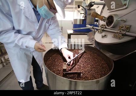 (181223) -- PEKING, 23. Dezember 2018 -- Wu Sensheng, der Gründer der Pointy Nose Coffee Factory, überprüft die Kaffeebohnen in Dongguan, Provinz Guangdong, 6. Dezember 2018. Pointy Nose Coffee Factory besitzt eine vollständige Geschäftskette, die den Import von Kaffeebohnen, die Verarbeitung von Kaffeebohnen und den Online-Verkauf von Kaffeeprodukten umfasst. Es verfügt über 6 Filialen in Dongguan und Shenzhen in der Provinz Guangdong, in denen Kaffee aus den wichtigsten Produktionsbezirken auf der ganzen Welt, einschließlich Äthiopien, verkauft wird. Kaffee, der in Äthiopien verwurzelt ist, ist der Rohstoff für verschiedene Kaffeegetränke, die von Menschen auf der ganzen Welt bevorzugt werden. Man sagt, dass Kaffee Stockfoto