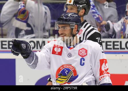 Ostrava, Tschechische Republik. September 2023. Dominik Lakatos (Vitkovice) zeigt während der Champions Hockey League, Runde 2, das Spiel HC Vitkovice Ridera gegen SC Rapperswil-Jona Lakers, am 3. September 2023 in Ostrava, Tschechische Republik. Quelle: Petr Sznapka/CTK Photo/Alamy Live News Stockfoto