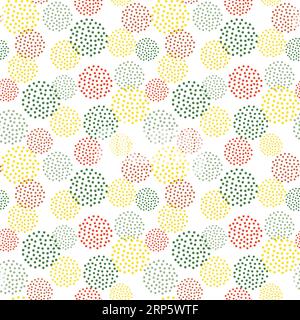 Nahtloses Muster, geometrische Abstraktion. Vektor. Gepunktete Kreise in grünen, roten und gelben Farben. Abgerundete geometrische einfache Textur. Textildesign, Postkarten Verpackungsdesign Stock Vektor