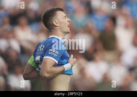 Genk, Belgien. September 2023. Genks Bryan Heynen reagiert auf ein Fußballspiel zwischen KRC Genk und RSCA Anderlecht am Sonntag, den 03. September 2023 in Genk, am Tag 06 der Saison 2023-2024 der „Jupiler Pro League“, der ersten Liga der belgischen Meisterschaft. BELGA PHOTO BRUNO FAHY Credit: Belga News Agency/Alamy Live News Stockfoto