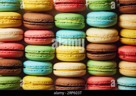 Französischer Hintergrund mit bunten Macarons. Bunte französische süße Nachspeise Macaron mit verschiedenen Füllungen. Stockfoto