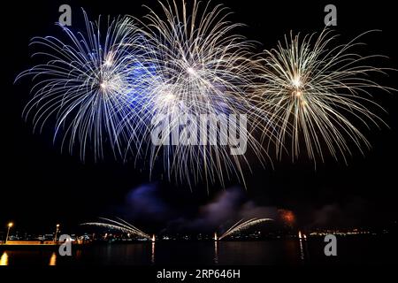 (190101) -- LISSABON, 1. Januar 2019 (Xinhua) -- Feuerwerke werden über dem Rio Tejo gesehen, um das neue Jahr in Lissabon, Portugal, 1. Januar 2019 zu feiern. (Xinhua/Zhang Liyun) PORTUGAL-LISSABON-NEUJAHRSFEIER PUBLICATIONxNOTxINxCHN Stockfoto