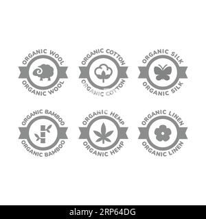 Vektoretikett aus Bio-Wolle, Baumwolle und Leinen. Natürliches Hanf- und Seidenmaterial oder Stoff Icon. Stock Vektor
