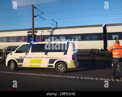 (190103) -- STOCKHOLM, 3. Januar 2019 -- Foto aufgenommen am 2. Januar 2019 zeigt die Szene eines Zugkollisionsunfalls über einer Brücke in der Nähe von Nyborg, Dänemark. Laut Berichten des schwedischen Fernsehens sind am Mittwochmorgen sechs Menschen bei einem Zugunfall über einer Brücke zwischen zwei der wichtigsten dänischen Inseln getötet und 16 weitere verletzt worden. Eine Plane auf einem Güterzug wurde von starkem Wind weggeblasen und traf auf einen Hochgeschwindigkeitszug, der in die entgegengesetzte Richtung auf der Großen Belt-Brücke fuhr, was ihn dazu veranlasste, plötzlich zu bremsen. Alle Opfer waren Passagiere im Nahverkehrszug, der von der Stadt aus fuhr Stockfoto
