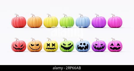 Regenbogenfarben Halloween Kürbisse auf weißem Hintergrund 3D-Rendering 3D-Illustration Stockfoto