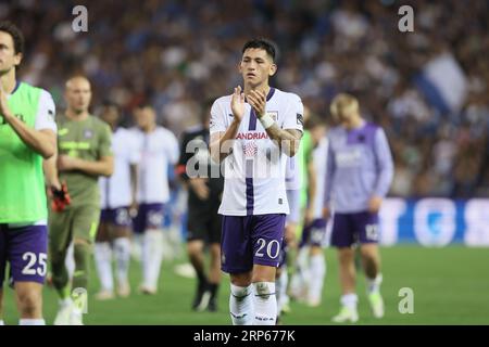 Genk, Belgien. September 2023. Anderlechts Spieler wurden nach einem Fußballspiel zwischen KRC Genk und RSCA Anderlecht am Sonntag, den 03. September 2023 in Genk, am 06. Tag der Saison 2023-2024 der „Jupiler Pro League“, der ersten Liga der belgischen Meisterschaft, abgebildet. BELGA PHOTO BRUNO FAHY Credit: Belga News Agency/Alamy Live News Stockfoto