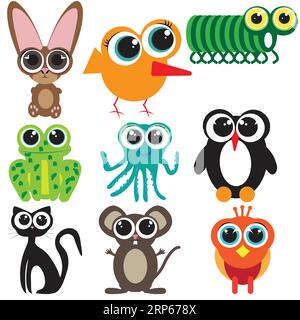 Niedliche, kindliche Tierfiguren mit flachem Design; Kaninchen, birt, Wurm, Frosch, Oktopus, Pinguin; Katze; Maus; Vogelfiguren mit riesigen Augen Stock Vektor