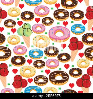 Nahtloses Muster aus Eis und Donuts; Schokoladengeschmack; Vanille- und Heidelbeeraroma Stock Vektor
