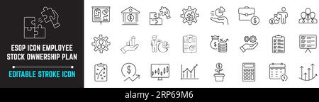 ESOP-Symbolgruppe, bearbeitbarer Strichcode für Mitarbeiterbestandsplan, Symbol für ESOP-Plan-Pack-Symbol Vektorlinie. Symbol umfasst Aktienfreigabe, Puzzle, Besitzer Stock Vektor