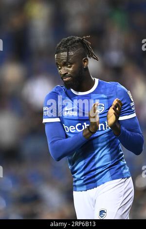 Genk, Belgien. September 2023. Genks Tolu Toluwalase Arokodare feiert nach einem Fußballspiel zwischen KRC Genk und RSCA Anderlecht, Sonntag, den 03. September 2023 in Genk, am Tag 06 der Saison 2023-2024 der „Jupiler Pro League“-Erstliga der belgischen Meisterschaft. BELGA PHOTO JOHAN EYCKENS Credit: Belga News Agency/Alamy Live News Stockfoto